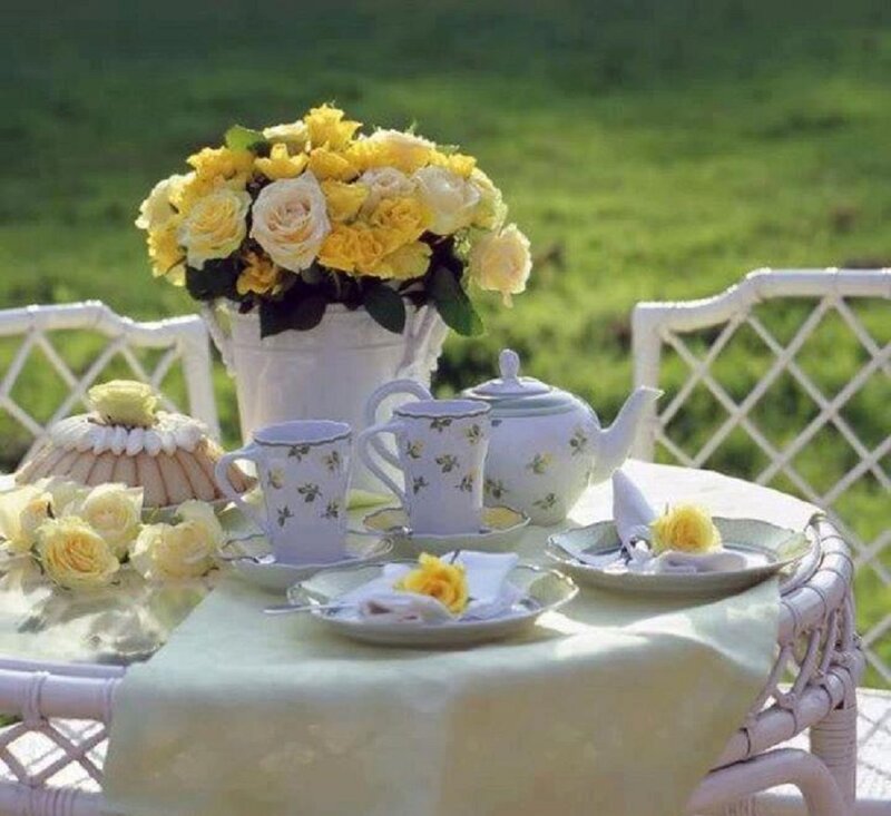 Tea Set on Garden Table — Yellow