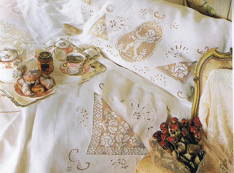 Tea Set on Lace Tablecloth — White