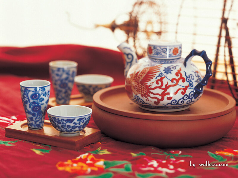 Tea Set on Red Cloth — Serene
