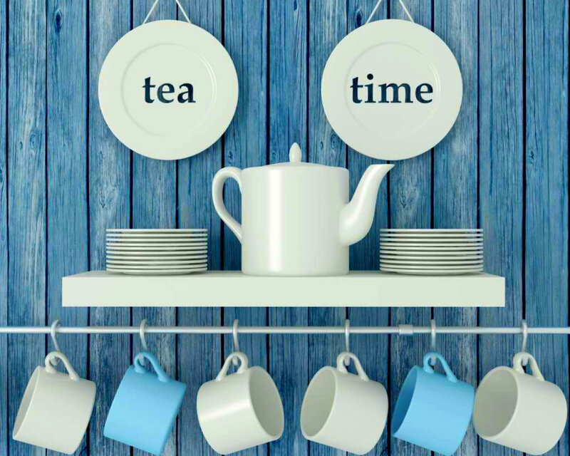 Tea Set on Shelf — Blue