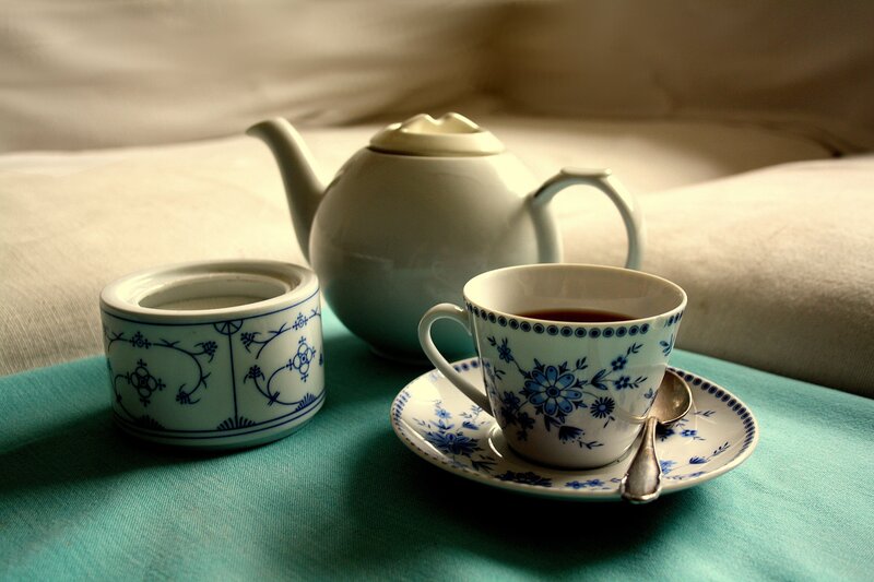 Tea Set on Table — Blue, Serene, Photograph