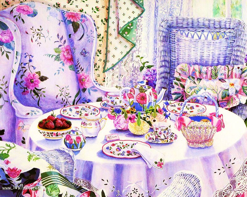 Tea Set on Table — Purple, Cozy