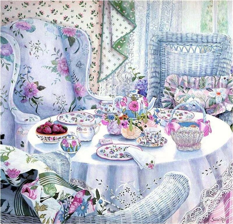 Tea Set on Table — White, Serene, Afternoon, Painting