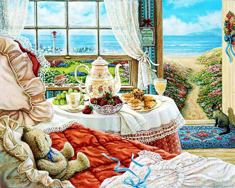 Tea Set on Table — White, Serene, Morning, Painting