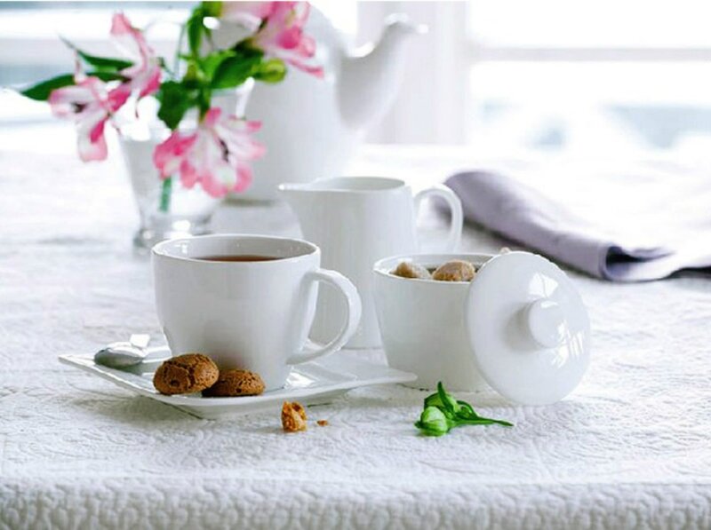 Tea Set on Table — White, Serene, Morning, Photograph