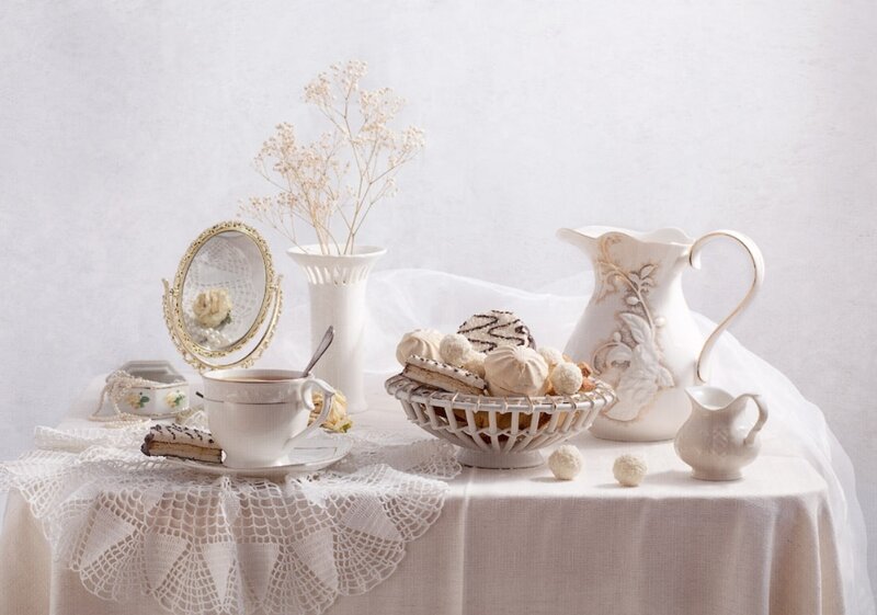 Tea Set on Table — White, Serene, Photograph