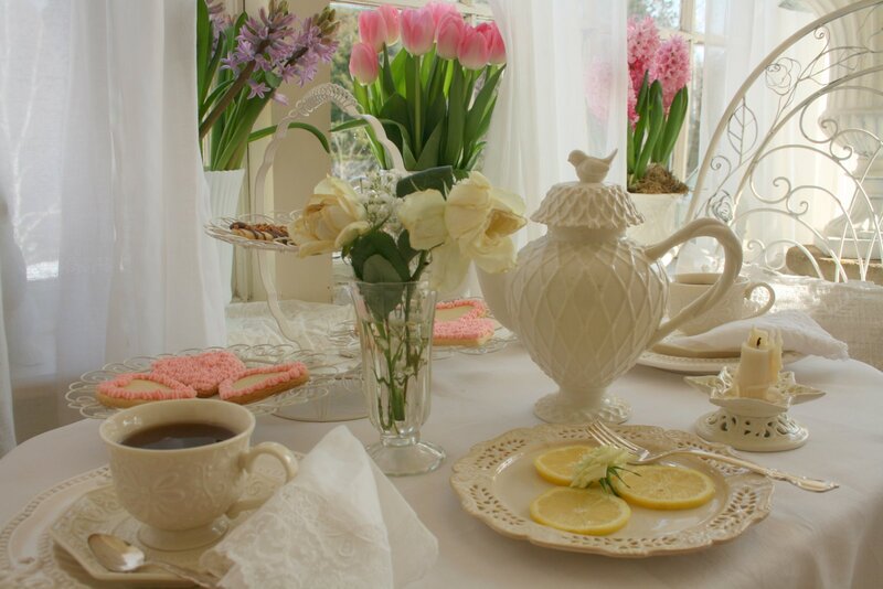 Tea Set on Table — White, Serene, Spring, Photograph, Flowers