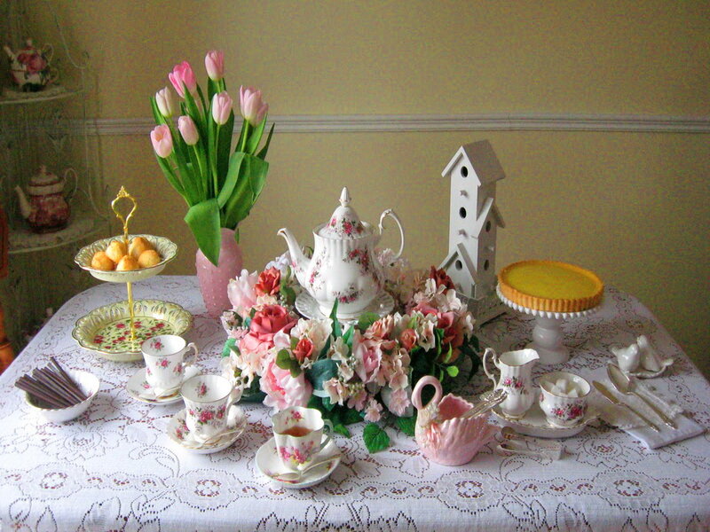 Tea Set on Table — White, Serene, Spring, Photograph