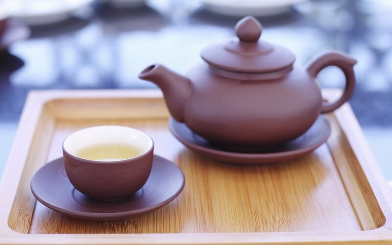 Tea Set on Tray — Brown, Serene, Photograph, Teapot