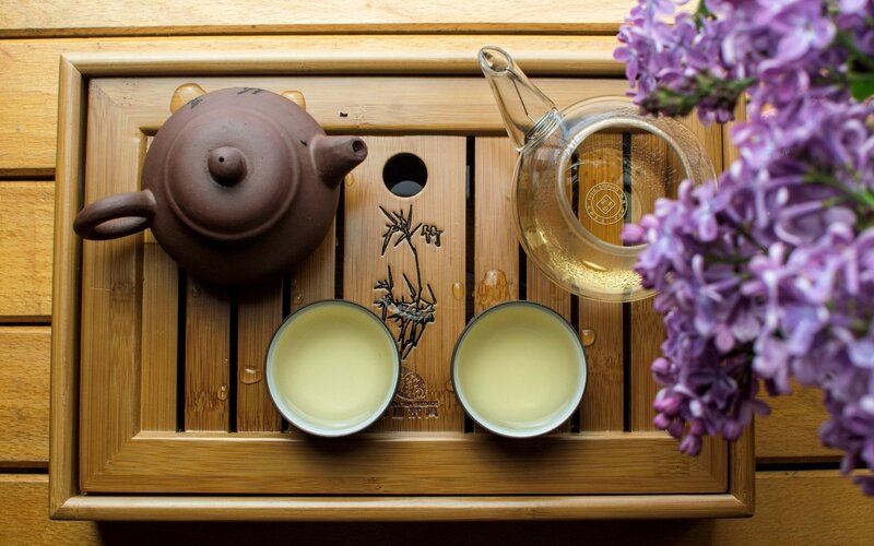 Tea Set on Tray — Brown, Serene, Photograph