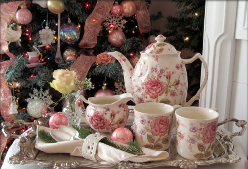 Tea Set on Tray — Pink, Festive