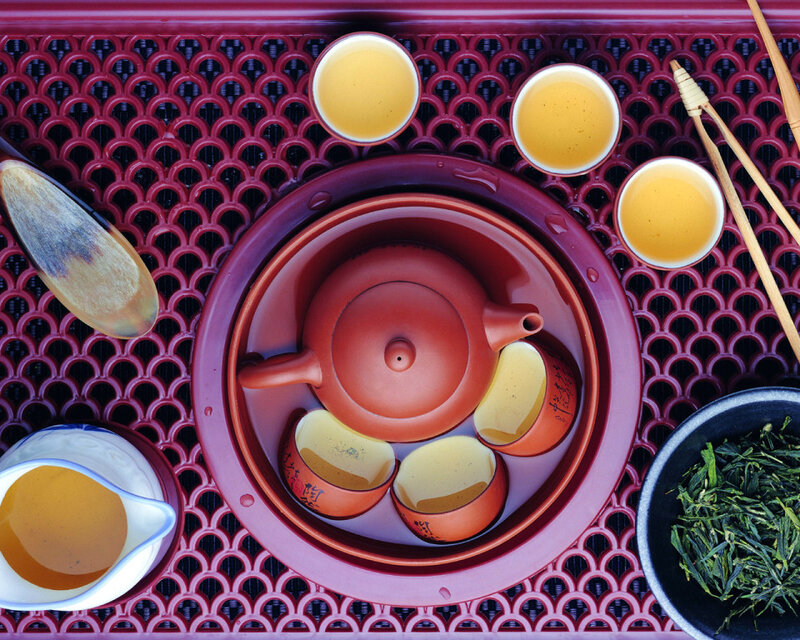 Tea Set on Tray — Red, Serene, Photograph, Teapot, Cups
