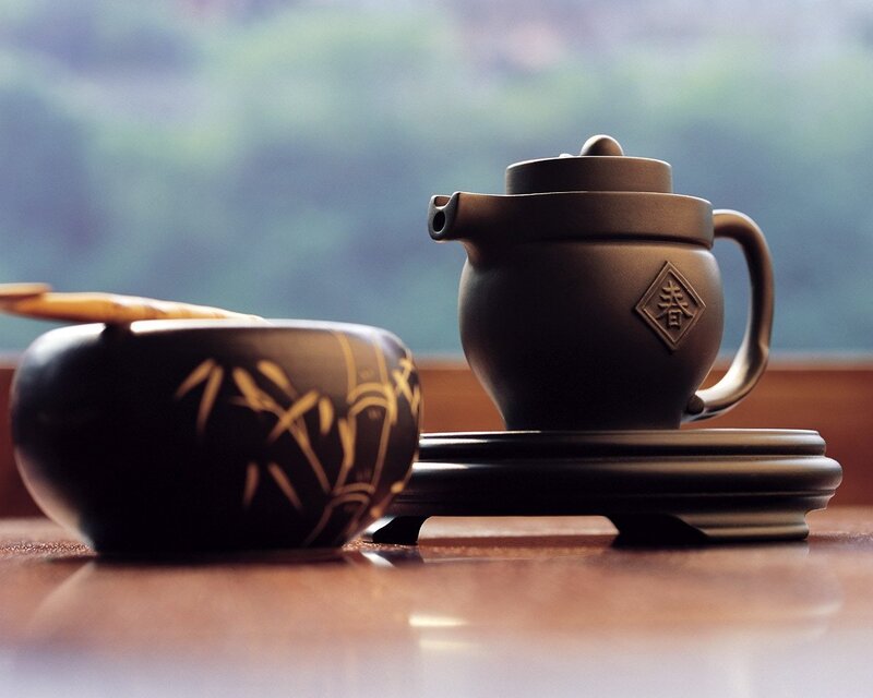 Tea set on wooden table
