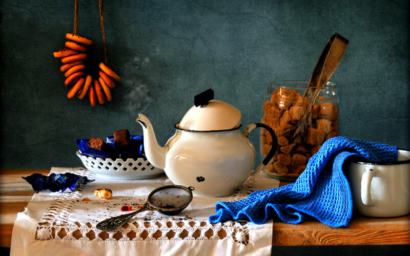 Tea Set on Wooden Table — Blue