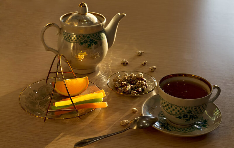 Tea Set on Wooden Table — Brown, Calm
