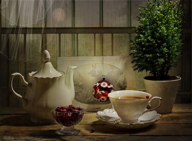 Tea Set on Wooden Table — Brown, Serene, Night