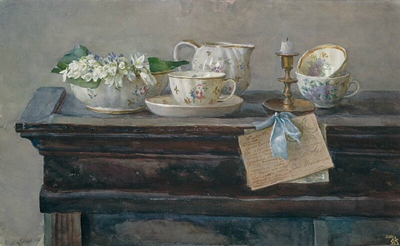 Tea Set on Wooden Table — Brown, Serene, Painting