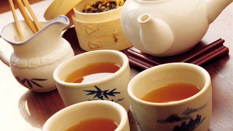 Tea Set on Wooden Table — Brown, Serene, Photograph, Teapot, Cups, Bamboo Steamer