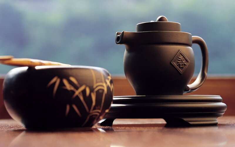 Tea Set on Wooden Table — Brown, Serene, Photograph