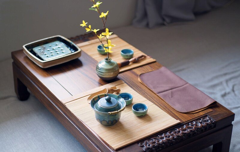 Tea Set on Wooden Table — Brown, Serene, Spring