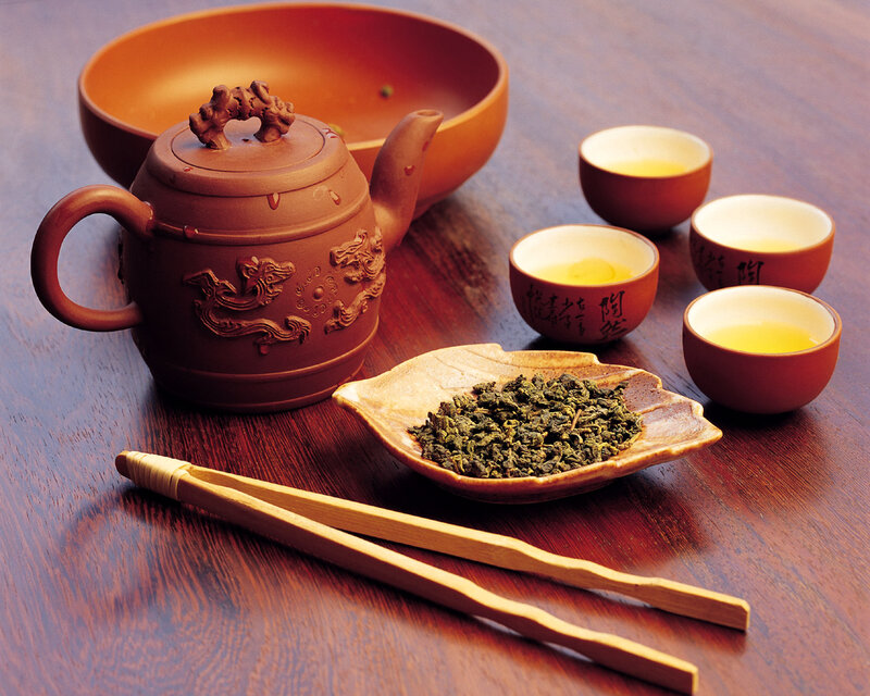 Tea Set on Wooden Table — Brown, Serene