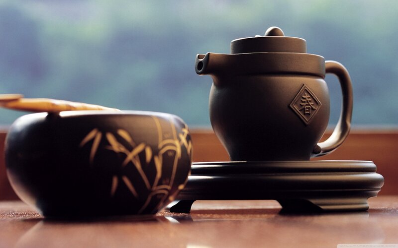Tea Set on Wooden Table — Brown