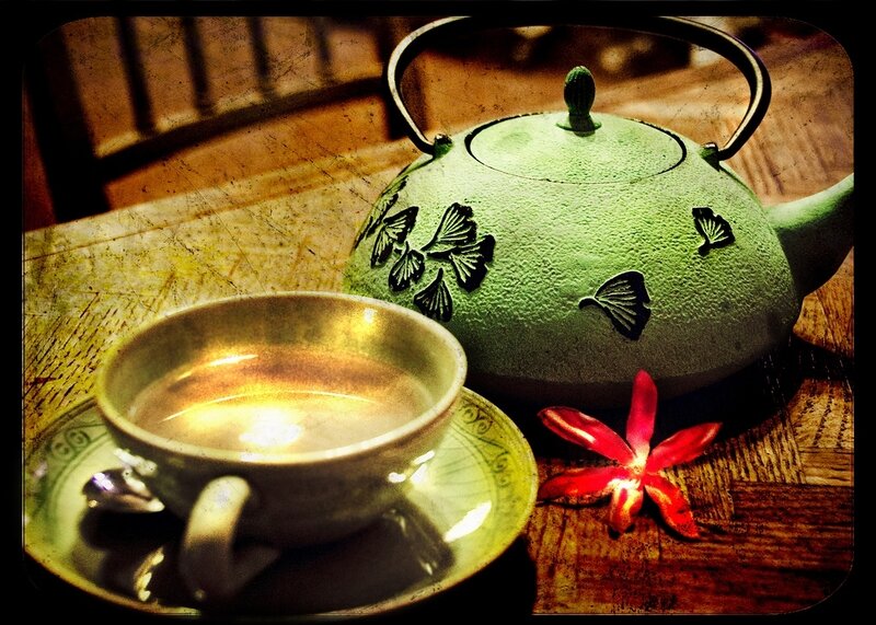 Tea Set on Wooden Table — Green, Serene
