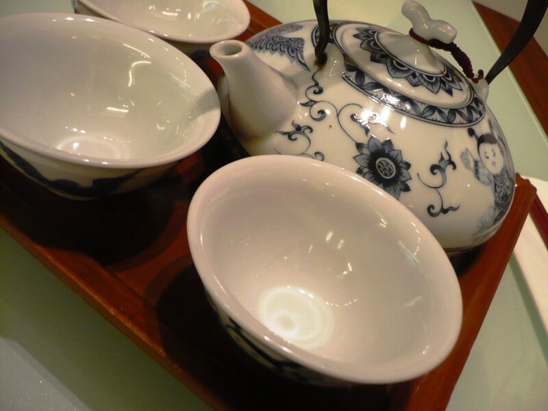 tea set on wooden tray