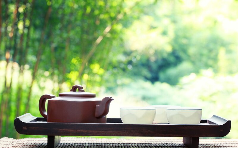 Tea Set on Wooden Tray — Brown, Serene, Afternoon