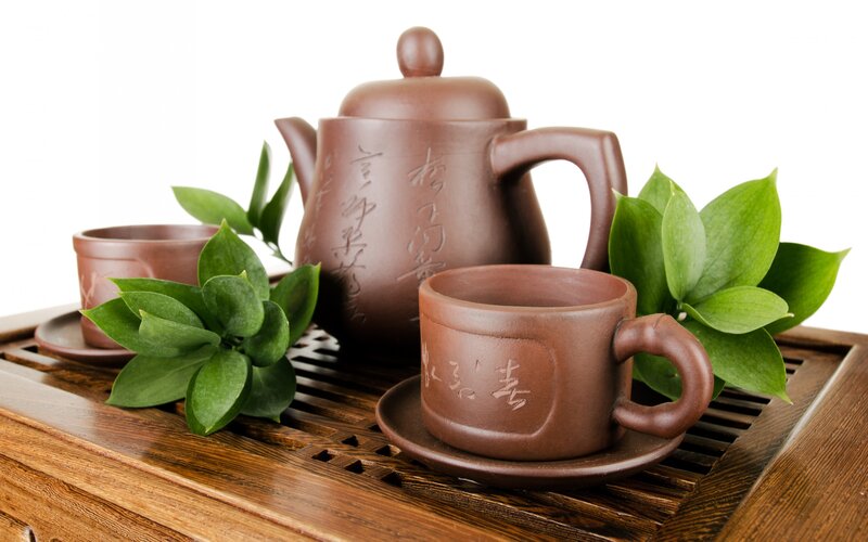 Tea Set on Wooden Tray — Brown, Serene