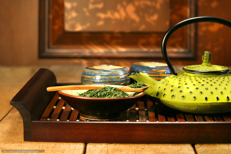 Tea set on wooden tray