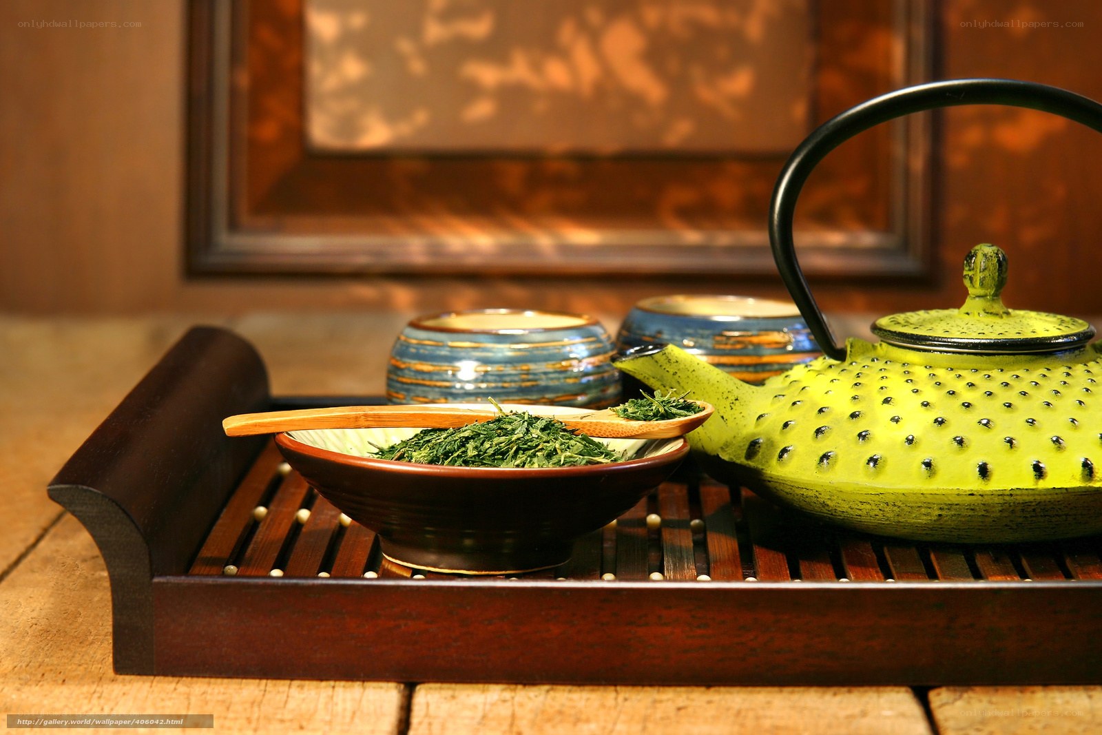 Tea set on wooden tray