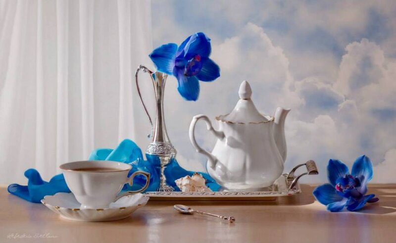 Tea Set with Blue Orchids — Serene, Morning