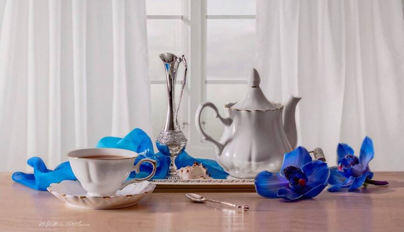 Tea Set with Blue Orchids — White