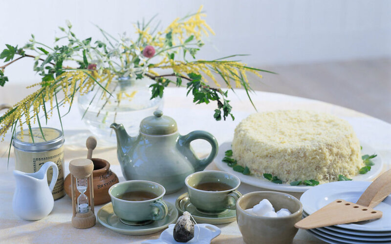 Tea Set with Cake — White, Serene, Afternoon, Photograph
