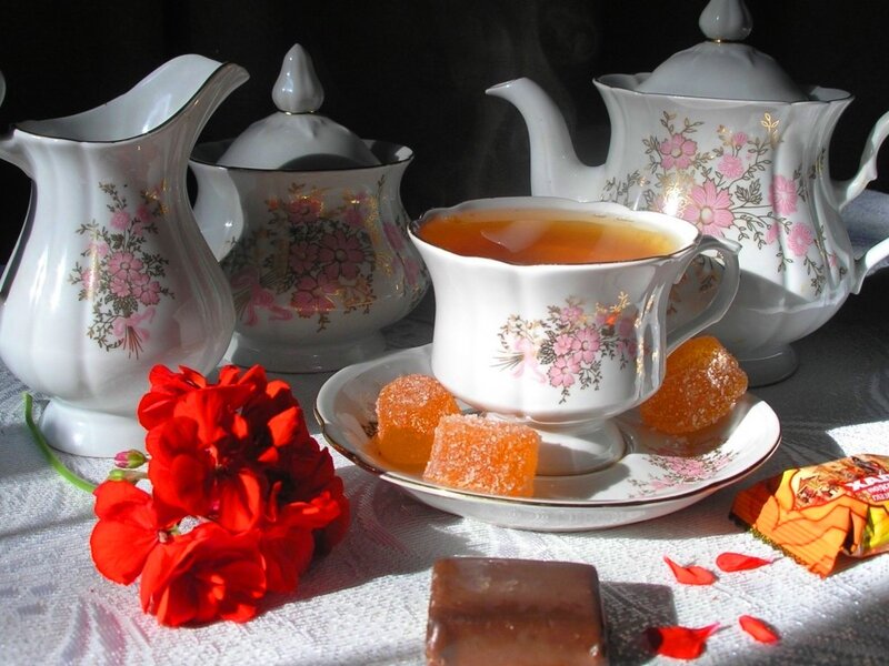 Tea Set with Candies — White, Dramatic, Afternoon, Photograph