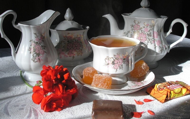 Tea Set with Candies — White, Dramatic, Afternoon
