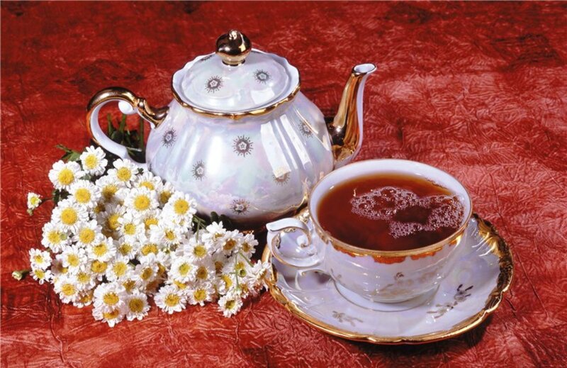 Tea Set with Chamomile — Red, Calm, Photograph