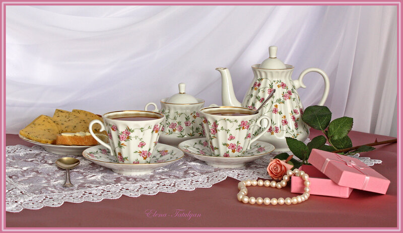 Tea set with cookies and gift