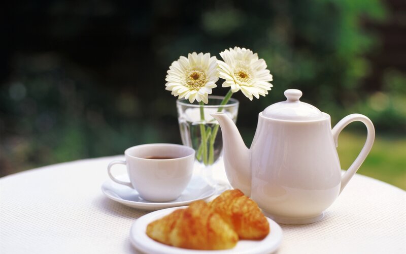 Tea Set with Croissants — White, Serene, Morning, Photograph, Flowers