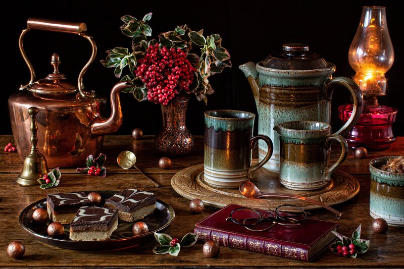 Tea Set with Desserts — Brown