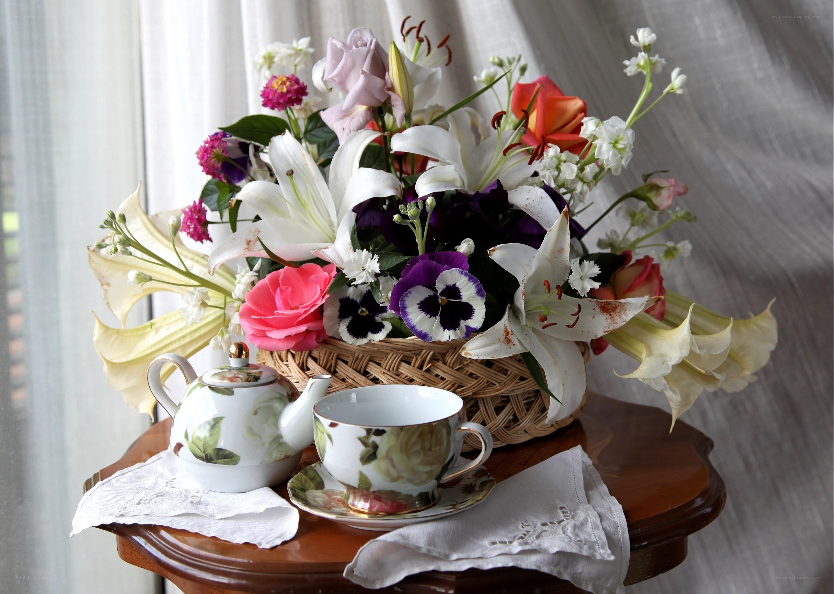 Tea set with floral arrangement
