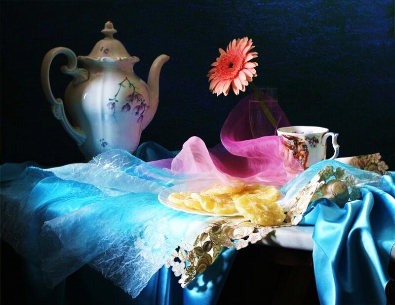 Tea set with flower and fabric