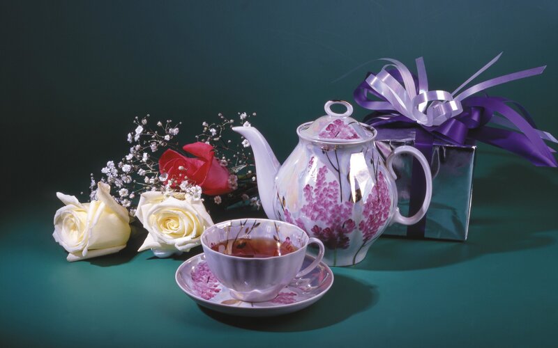 Tea set with flowers and gift