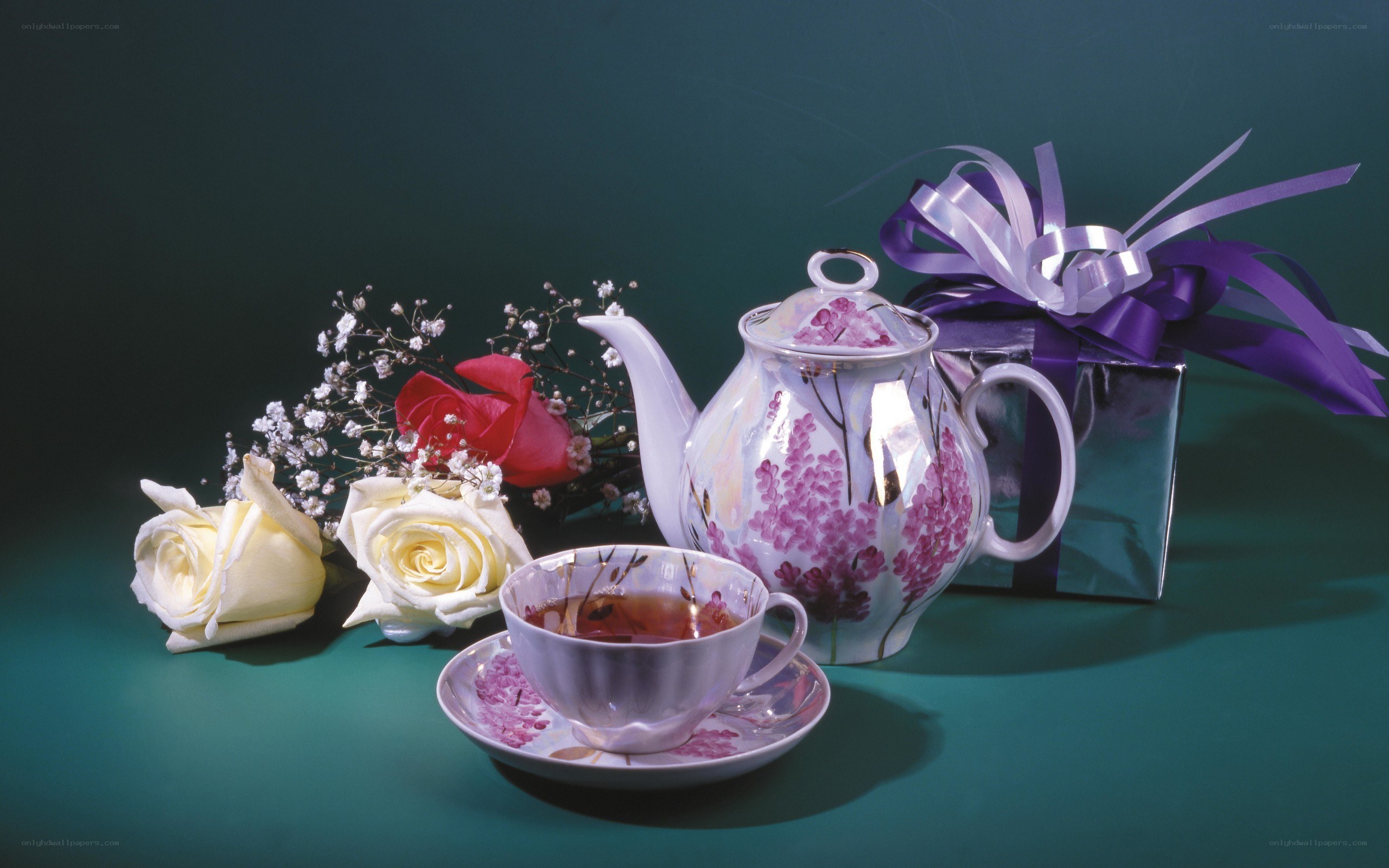 Tea set with flowers and gift