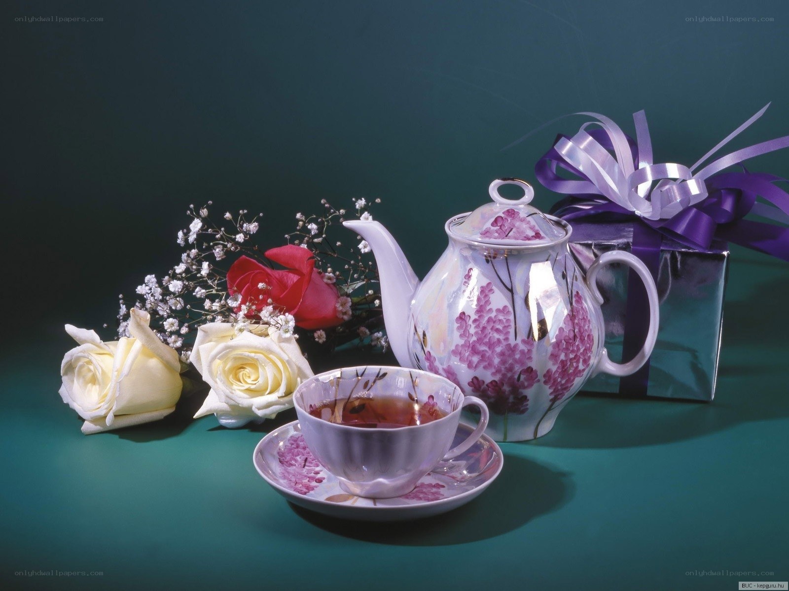 Tea set with flowers and gift