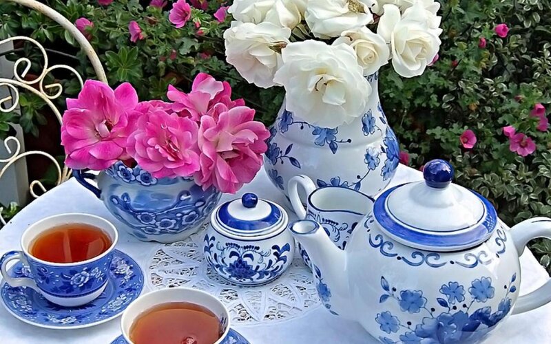 Tea Set with Flowers — Blue, Serene, Afternoon, Photograph