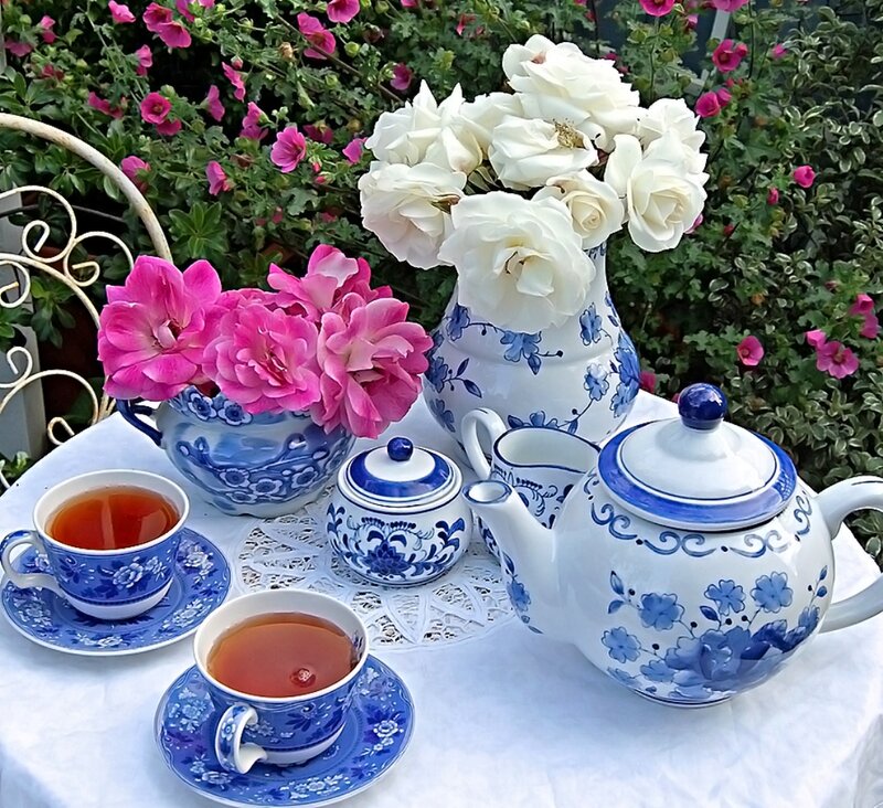 Tea Set with Flowers — Blue, Serene, Afternoon