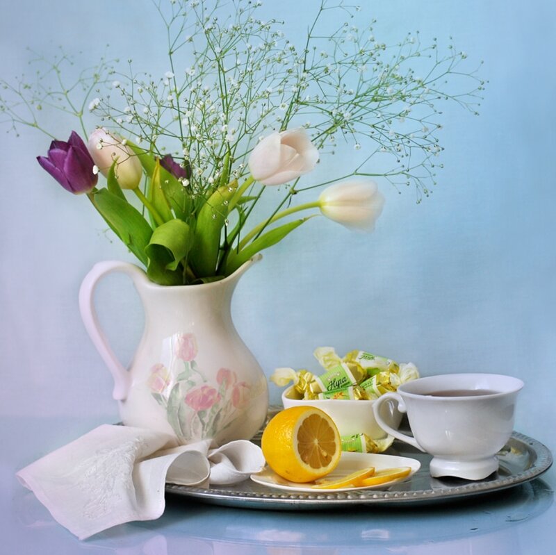 Tea Set with Flowers — Blue, Serene, Morning