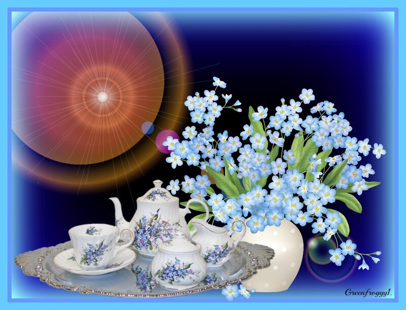 Tea Set with Flowers — Blue, Serene, Night